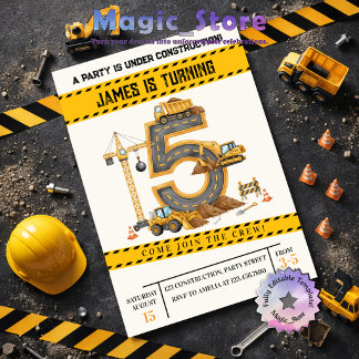 Watercolor Construction Trucks 5h Birthday Party Einladung