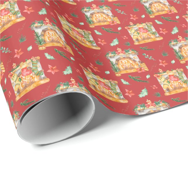 Watercolor Cosy Weihnachts Feuerplatz Rotes Muster Geschenkpapier (Rolleneckpunkt)