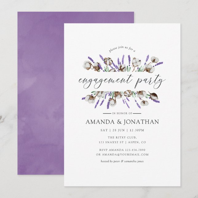 Watercolor Cotton Lavendel Engagement Party Einladung (Vorne/Hinten)