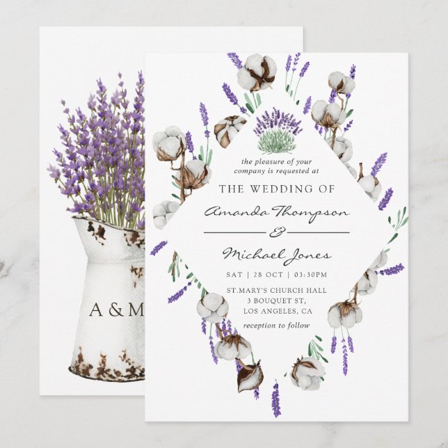 Watercolor Cotton Lavender Country Wedding Einladung (Vorne/Hinten)