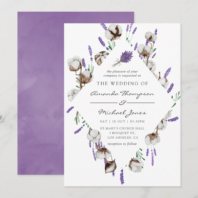 Watercolor Cotton Lavender Country Wedding Einladung (Vorne/Hinten)