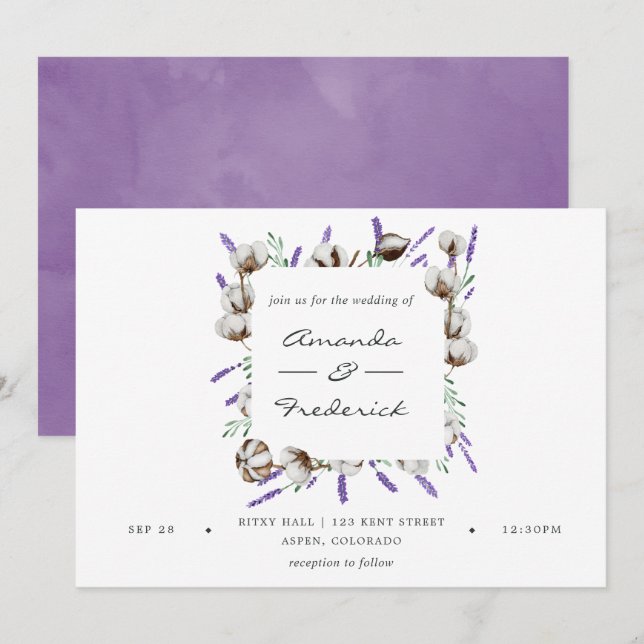 Watercolor Cotton Lavender Country Wedding Einladung (Vorne/Hinten)