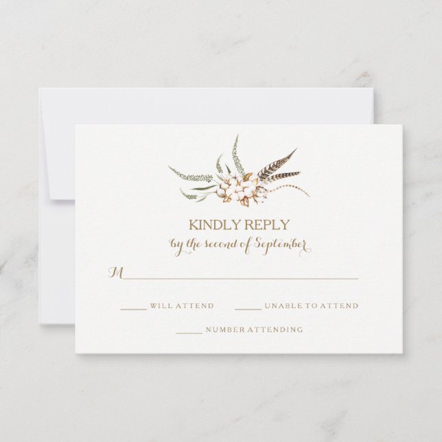 Watercolor Cotton Wreath Feather Wedding RSVP Card (Vorderseite)