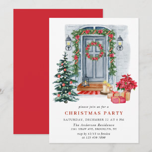 Watercolor Country Holiday House Weihnachten Party Einladung