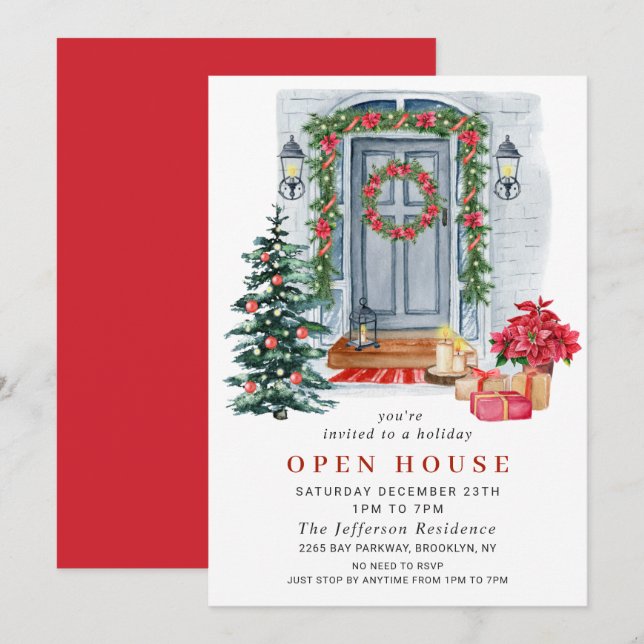 Watercolor Country Holiday Weihnachts-Open House Einladung (Vorne/Hinten)