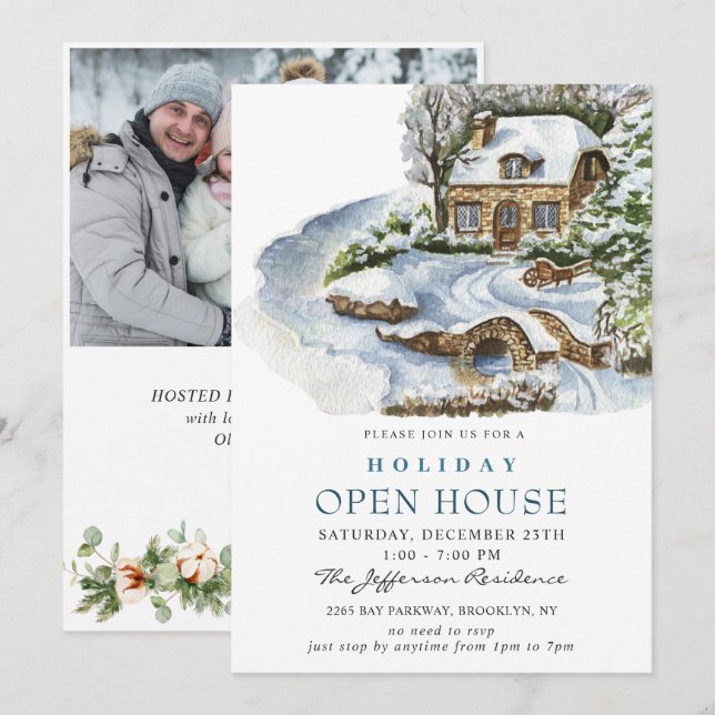 Watercolor Country Holiday Weihnachts-Open House Einladung (Vorne/Hinten)