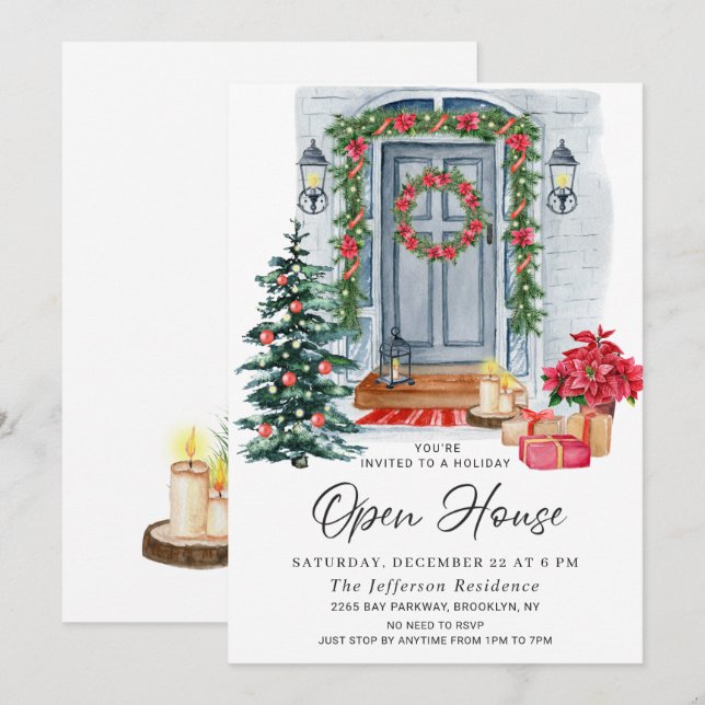 Watercolor Country Holiday Weihnachts-Open House Einladung (Vorne/Hinten)