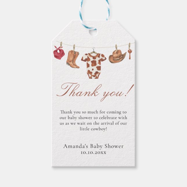 Watercolor cowboy Baby Shower Thank you Geschenkanhänger (Vorderseite)