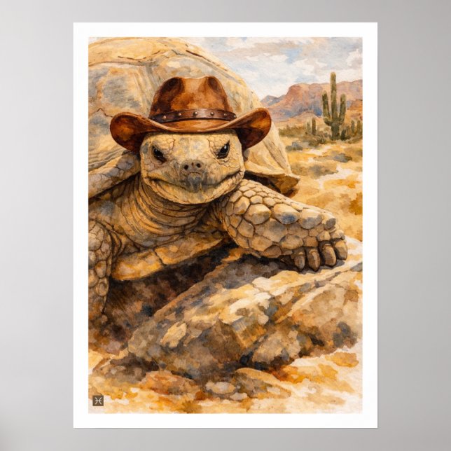 Watercolor Cowboy Turtle in the desert Poster (Vorne)