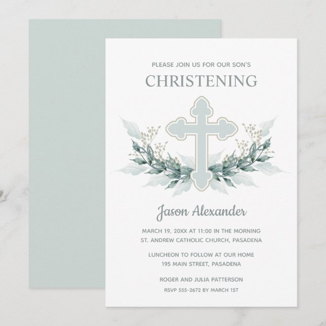 Watercolor Cross Christening Einladung (Vorne/Hinten)