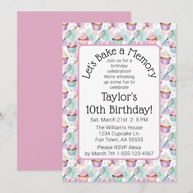 Watercolor Cupcake Birthday Let's Bake a Memory Einladung (Vorne/Hinten)