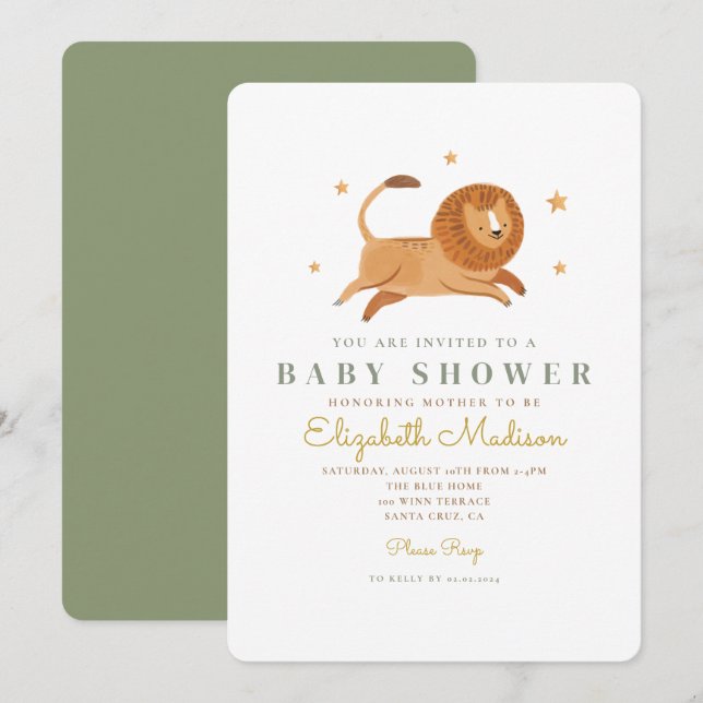 Watercolor Cute Lion King Baby shower Invitation (Devant / Derrière)
