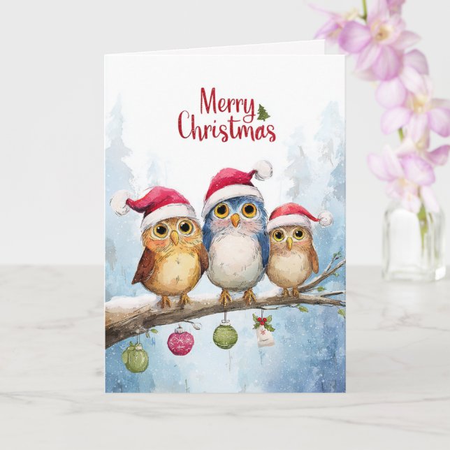 Watercolor Cute Owls Whimsical Christmas Folded Karte (Orchidee)