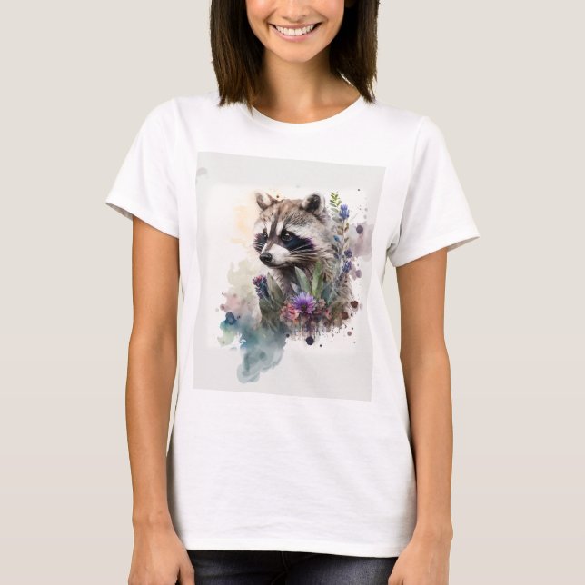 Watercolor Cute Raccoon Spring Flowers        T-Shirt (Vorderseite)