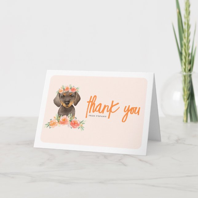 Watercolor Dachshund and Peach Flower Dog Birthday Dankeskarte (Vorderseite)