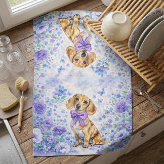 Watercolor Dachshund Purple Floral  Geschirrtuch