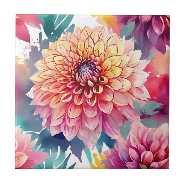Watercolor Dahlia Summer Fliese (Vorderseite)