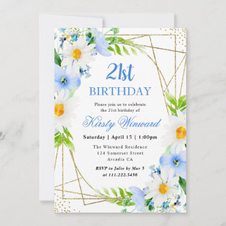 Watercolor Daisies Blue Flowers 21. Geburtstag Einladung