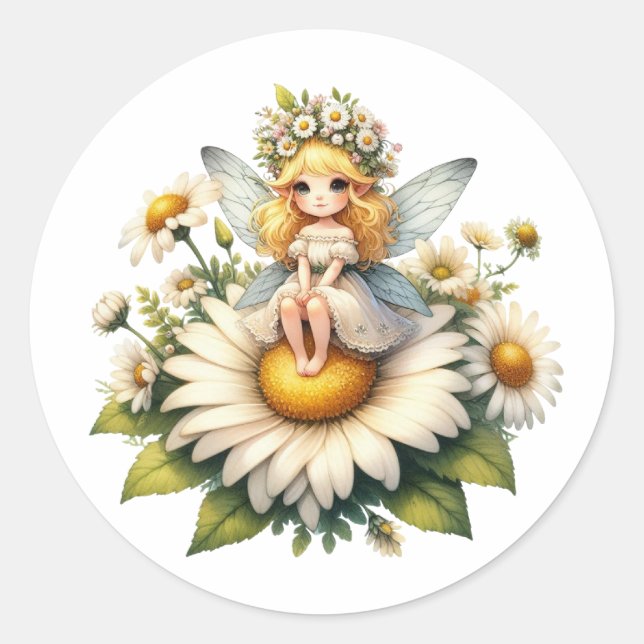 Watercolor Daisy Fairy Runder Aufkleber (Vorderseite)