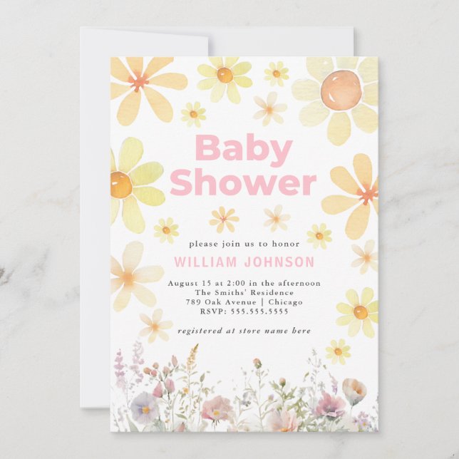 Watercolor Daisy Girl Pink Kinderdusche Einladung (Vorderseite)