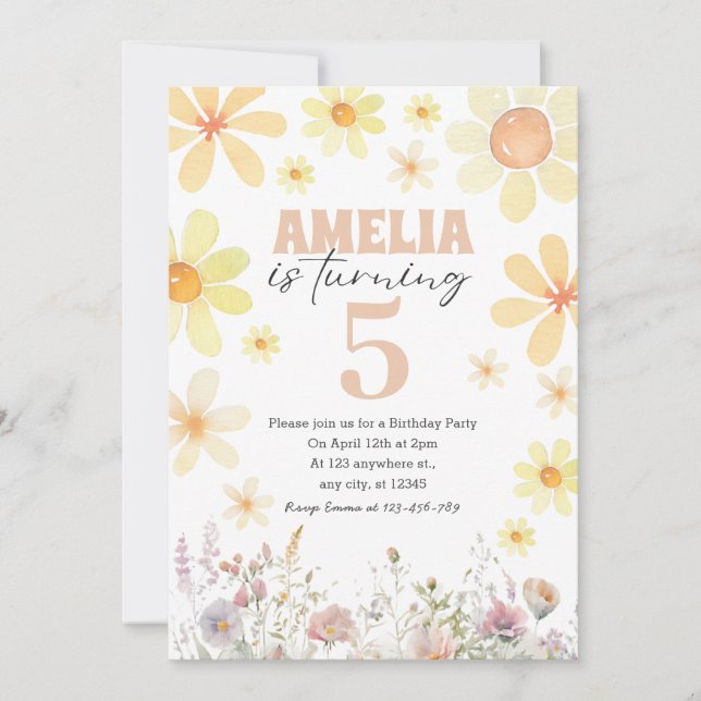 Watercolor Daisy Wüste Sand Birthday Einladung (Vorderseite)