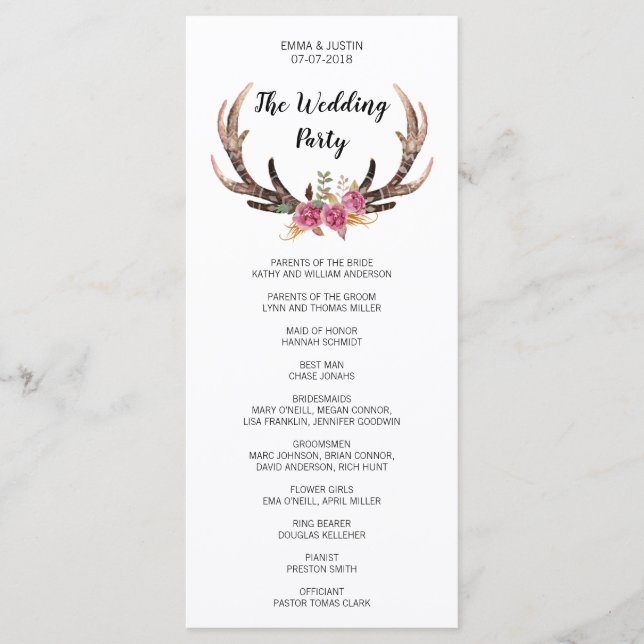 Watercolor Deer Antlers Country Wedding Rackcard Programm (Vorderseite)