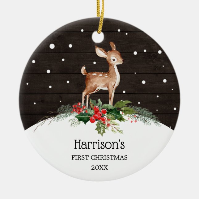 Watercolor Deer Baby's First Christmas Keramik Ornament (Vorne)