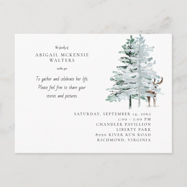 Watercolor Deer Woodland Celebration of Life Postkarte (Vorderseite)