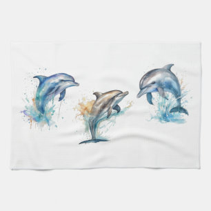 Watercolor-Delfin-Trio Geschirrtuch
