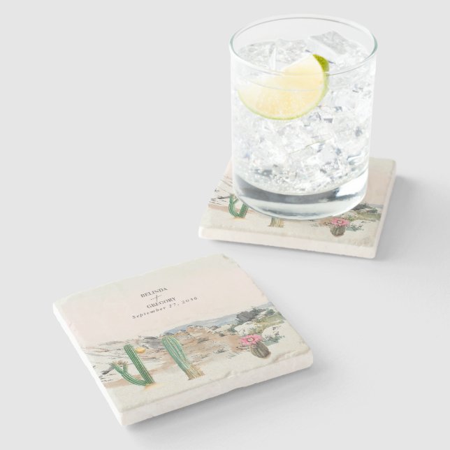 Watercolor Desert Cactus Boho Wedding Steinuntersetzer (Seitenansicht)