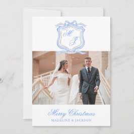 Watercolor Designer Blue Monogram Christmas Foto Feiertagskarte