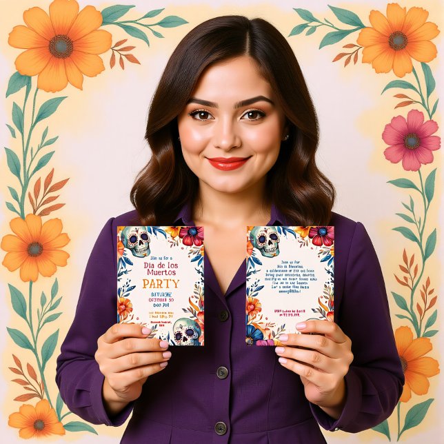 💀 Watercolor Día de Muertos Party Einladung (Watercolor Día de Muertos Party Invitation, customizable on both sides. printed or digital)