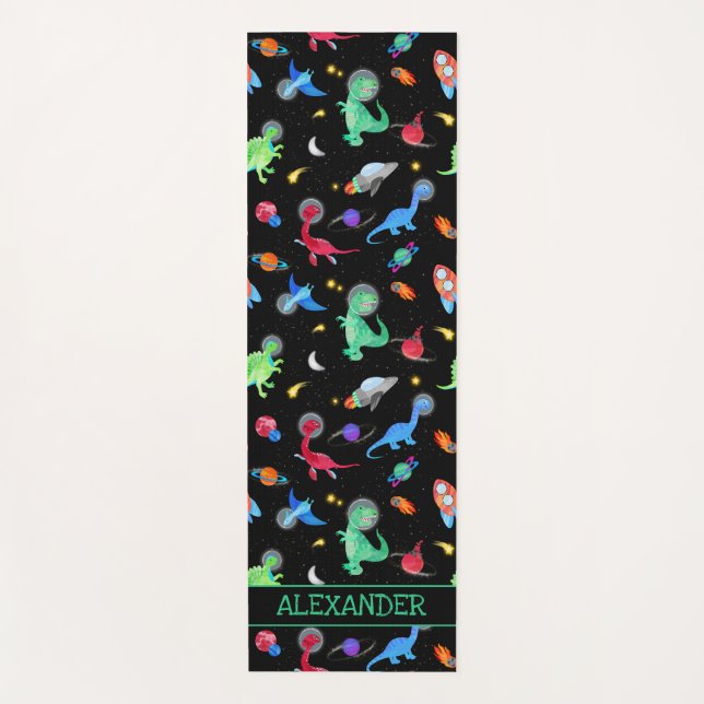 Watercolor Dinosaur Astronauts In Space Black Yogamatte (Vorderseite)