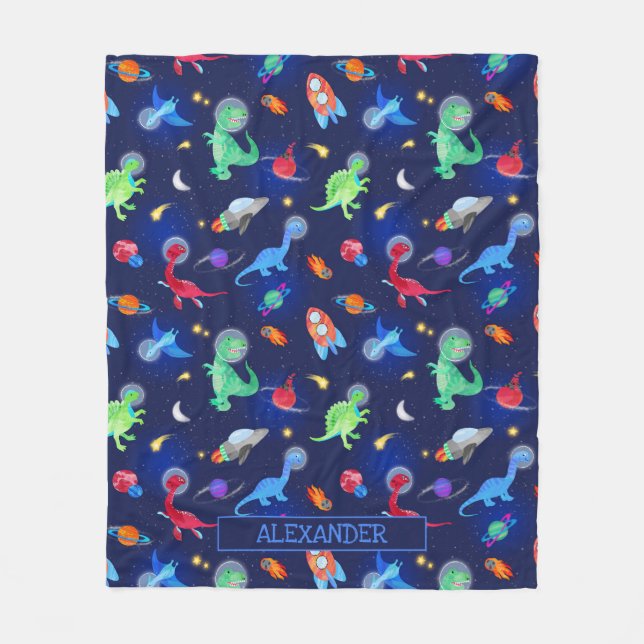 Watercolor Dinosaur Astronauts In Space Blue Fleecedecke (Vorderseite)