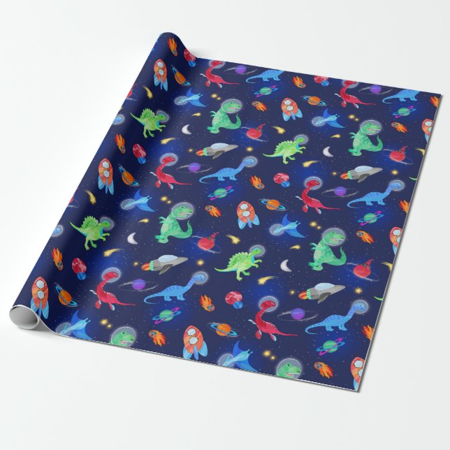 Watercolor Dinosaur Astronauts In Space Blue Geschenkpapier (Ungerollt)