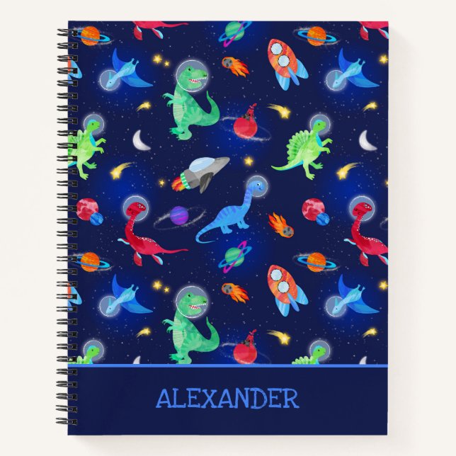Watercolor Dinosaur Astronauts In Space Blue Notizbuch (Vorderseite)