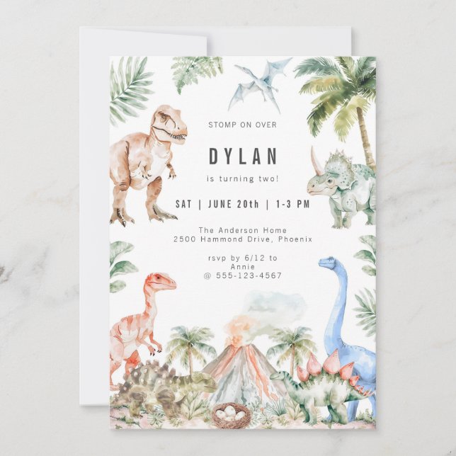 Watercolor Dinosaur Kids Birthday Party Invitation Einladung (Vorderseite)