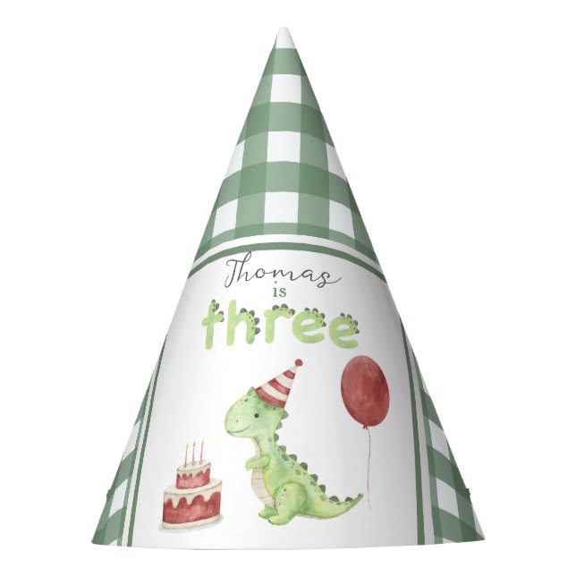 Watercolor Dinosaur Three Birthday Partyhütchen (Vorderseite)