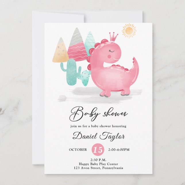 Watercolor Dinosaurier Baby Dino Baby Dusche Invit Einladung (Vorderseite)