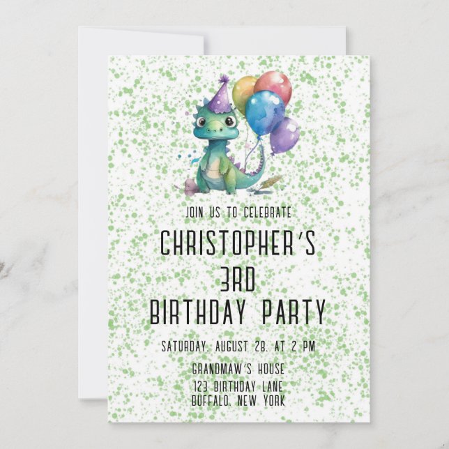 Watercolor Dinosaurier Balloons Boy Birthday Party Einladung (Vorderseite)