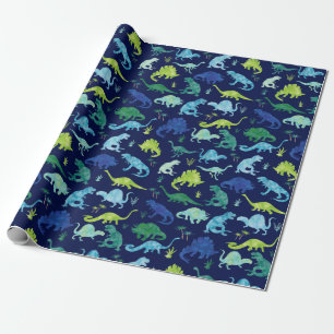 Watercolor-Dinosaurier-Silhouette-grün-blaue Geschenkpapier
