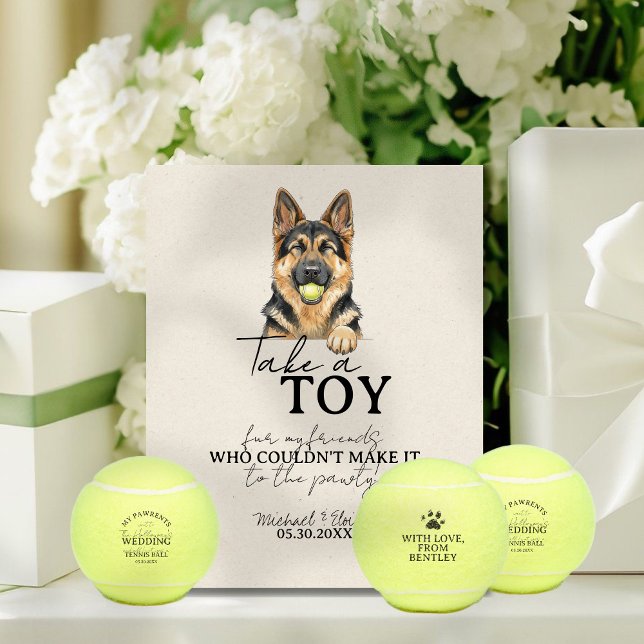 Watercolor Dog Wedding Tennis Ball Gefallen Sockelschild (Give guests a fun, tennis ball favor to take home to their pets with this Dog Wedding Favor Sign!)