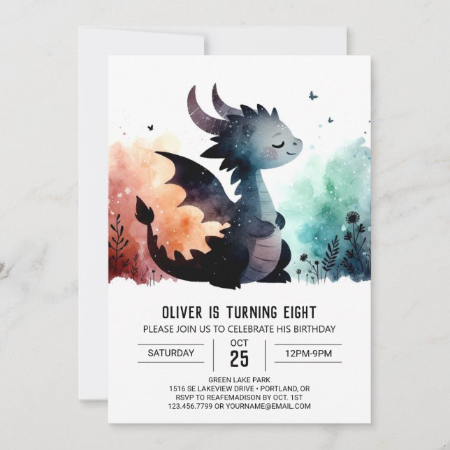 Watercolor Dragon Birthday Editable Einladung (Vorderseite)