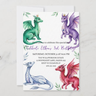 Watercolor dragon birthday invitation einladung