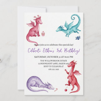 Watercolor dragon birthday invitation einladung