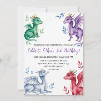 Watercolor dragon birthday invitation einladung