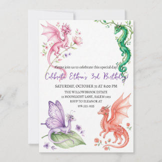 Watercolor dragon birthday invitation einladung