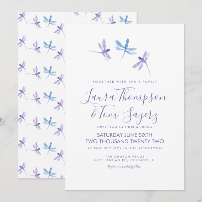 Watercolor Dragonfly Elegantes Skript Hochzeit Einladung (Vorne/Hinten)