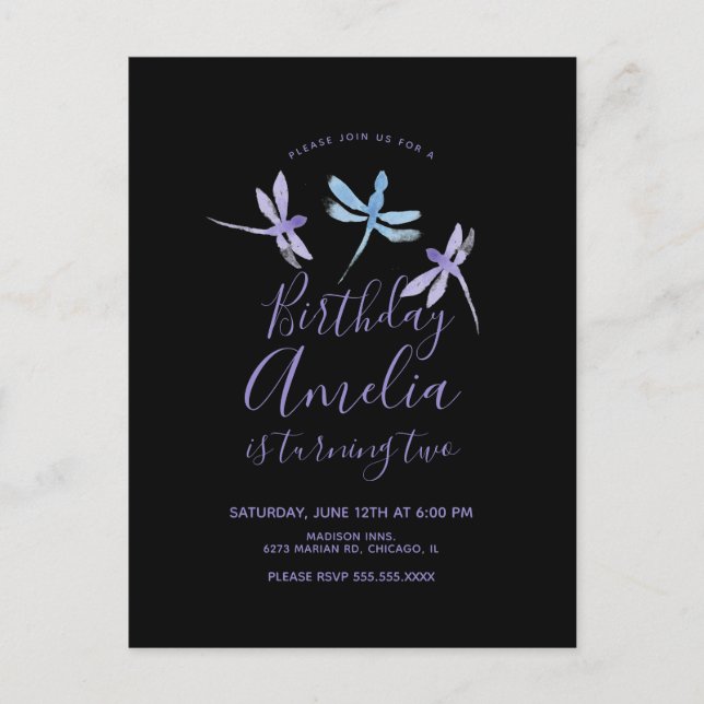 Watercolor Dragonfly Lila Black Birthday Party Postkarte (Vorderseite)