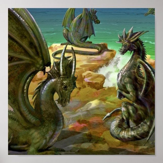 Watercolor Dragons Fantasy Art Poster (Vorne)